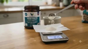 A close-up of fine avian probiotic powder being measured out on a small scale for pet bird nutrition.