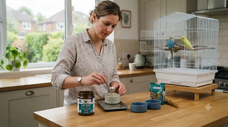 Flat lay of a popular bird probiotic supplement container surrounded by measuring spoons and fresh seeds, featured in a comprehensive UK bird probiotic supplement review. bird probiotic supplement review