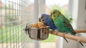 Two vibrant budgies in a UK aviary feeding on nutrient-enhanced seed fortified with a vitamin supplement for moulting birds.