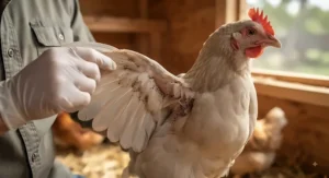 Examining a healthy backyard hen for common signs of red mite irritation and feather loss.