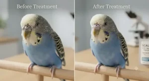 Disinfecting a pet bird cage and wooden perches to prevent the reinfection of scaly leg and face mites.