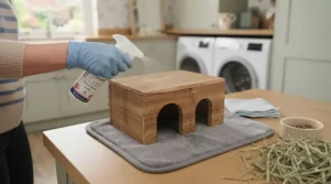 A hand wearing a blue glove using the MiteGuard spray to disinfect the interior of a separate wooden hide accessory, which is resting on a grey drying mat.