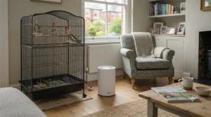 Best dust-free bird room air purifier in a UK living room next to a parrot cage, effectively trapping feathers and dander. dust-free bird room air purifier