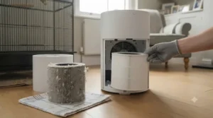 Demonstrating how easily filters can be accessed and replaced in a bird room air purifier.