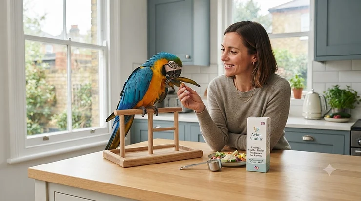 Vibrant green parrot showing glossy plumage after taking a premium feather health supplement for parrots. feather health supplement for parrots