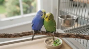 Two colorful parakeets perched happily together on a natural wood branch inside a home aviarian setup.