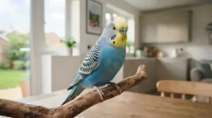 A healthy parakeet displaying smooth, glossy plumage after successfully completing its seasonal moult with a vitamin supplement for moulting birds.