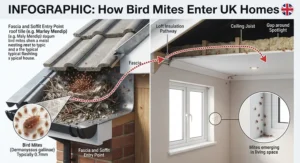 Diagram illustrating how bird mites travel from roof nests into UK loft spaces and living areas.