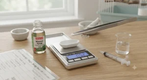 Step-by-step visual guide on measuring the correct dosage of avian wormer for pet birds.