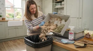 A woman in a striped jumper and blue gloves tipping soiled, clumped bedding from the grey plastic base of a small animal cage into a bin liner.