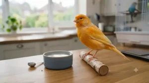 A healthy canary with glossy, well-conditioned feathers resulting from balanced nutritional care and probiotics.