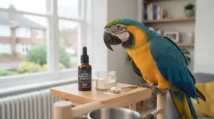 Liquid and powder formulations of top immune support supplements for pet birds displayed next to a measuring spoon.