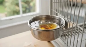 Stainless steel water bowl containing a liquid feather health supplement for parrots in an aviary cage.
