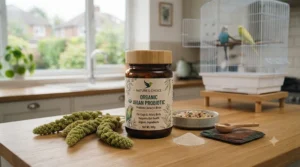Natural organic probiotic supplement tub designed for cage and aviary birds displayed alongside millet sprays.
