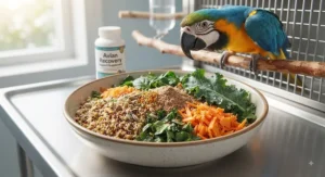 A bowl of nutrient-rich seeds and fresh vegetables to support feather recovery following a successful feather mite treatment.