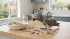 African Grey parrot experiencing heavy molting surrounded by dropped feathers during the seasonal cycle.