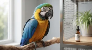 A healthy parrot resting on a perch, representing the final stage of long-term feather mite prevention and care.