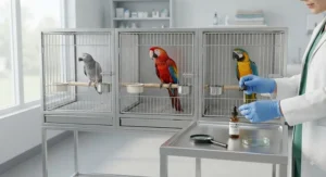 Separated aviaries showing how to isolate and manage feather mite treatment for a flock of pet parrots.