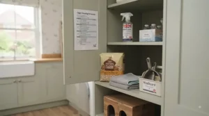 An open sage green cabinet door with a laminated Cage Cleaning Schedule checklist pinned inside. Below it, Tiny Friend's Farm bedding and folded cloths are neatly stored.