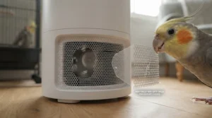 Close-up of a secure, bird-safe grille on an air purifier designed for avian environments.