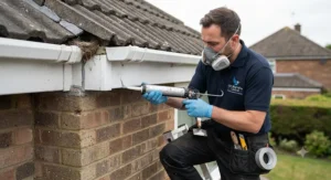 Wearing protective gloves and a face mask while applying bird mite treatment safely in a home.