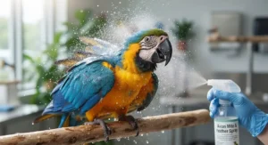 A parrot enjoying a safe herbal bath spray used alongside standard feather mite treatments.
