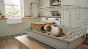 A healthy tri-colour guinea pig in its clean, disinfected cage, investigating a wooden hide. The cage contains fresh hay and is positioned on the utility room counter.
