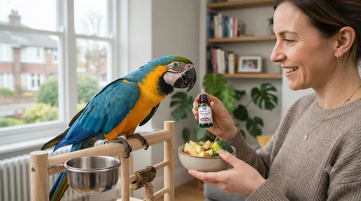 A colourful parrot receiving top immune support supplements for pet birds in an avian care setup, showcasing healthy plumage. top immune support supplements for pet birds