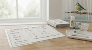 Calendar layout showing a recommended preventative worming schedule for garden birds and chickens in the UK.