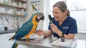 An avian vet discussing top immune support supplements for pet birds during a routine health check-up.