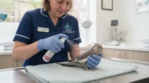 Illustrative clinical view demonstrating the correct 15cm spraying distance for applying first-aid mist near a cockatiel.