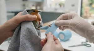 Diagram showing how to loosely wrap self-adherent vet wrap around a bird's leg without restricting blood circulation.