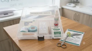 Flat lay of an avian first-aid kit on a wooden surface containing saline wash, gauze, cotton buds, and sterile antiseptic spray.