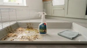 Before and after transformation of a dirty pet habitat cleaned with a top rated cage cleaner under £10.[cite: 7]