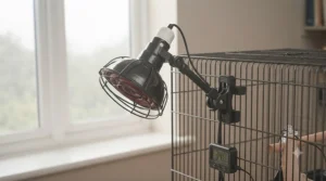 Diagram showing the recommended placement of a heat lamp on the outside top corner of a finch cage.