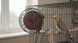 Protective wire mesh safety guard fitted around a ceramic heat bulb to prevent pet birds from burns.