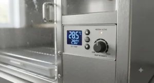 Close-up of digital thermostat and LED heat regulation dial on a portable avian recovery enclosure.