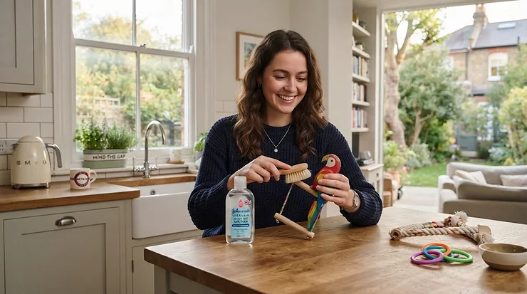 A woman in a British kitchen actively cleaning a colourful wooden parrot toy using a soft brush and a bottle of avian-safe sanitiser, available to buy online in the UK.[cite: 1] bird toy cleaner buy