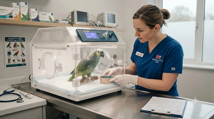 A heated ICU brooder cage for a sick parrot, set up on a clean vet-style surface in a quiet UK room. brooder cage for sick parrot