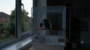 A red-free ceramic heat emitter providing gentle warmth for a sleeping sick budgie at night.
