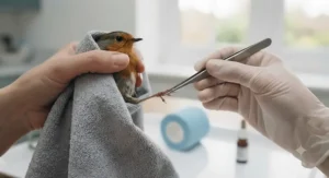 Close-up of an avian vet examining a bird's leg for sprains or fractures prior to applying a supportive vet wrap bandage.
