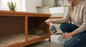 Applying a top rated cage cleaner under £10 to freshen up a indoor rabbit and guinea pig hutch.[cite: 3]