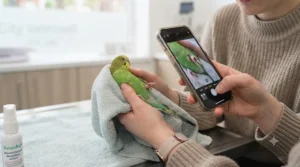 Split graphic showing an owner taking a high-resolution photo of a bird's minor foot abrasion for remote vet triage.