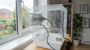 A diagram showing the correct, safe distance to position a heat lamp outside a budgie enclosure.