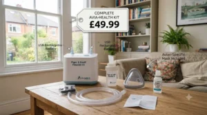 Price comparison graphic showing total kit value under £50 including spare filters, masks, and USB-rechargeable base.