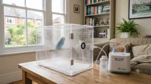 Clear plastic faunarium travel tank modified with a side nebuliser port for stress-free avian respiratory treatment.