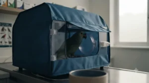 Partially draped breathable light cover over a brooder cage to reduce stress for an ill pet parrot.