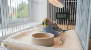 A shallow water dish with avian electrolytes to keep a recovering sick budgie hydrated.