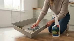 Scrubbing a hamster enclosure base with a top rated cage cleaner under £10.[cite: 5]