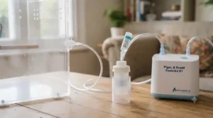 Step-by-step diagram showing PVC air tubing connection between the mini compressor unit and the bird nebuliser medicine cup.